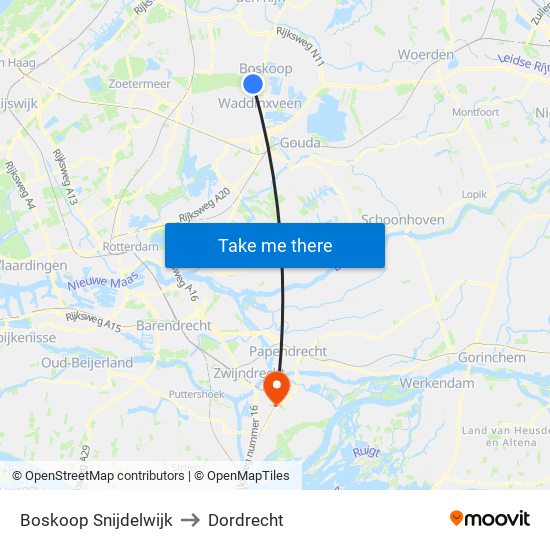 Boskoop Snijdelwijk to Dordrecht map