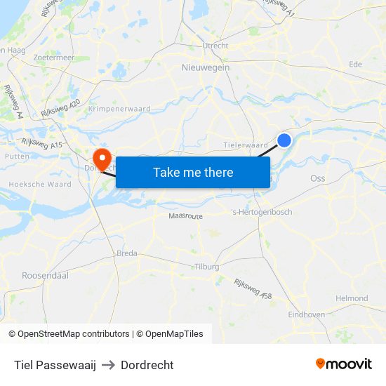 Tiel Passewaaij to Dordrecht map