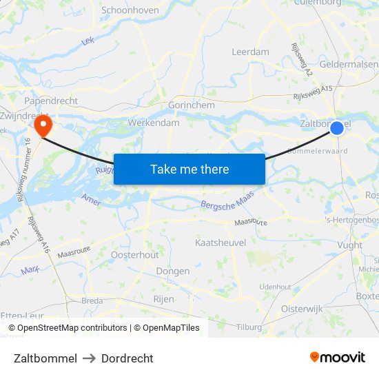 Zaltbommel to Dordrecht map