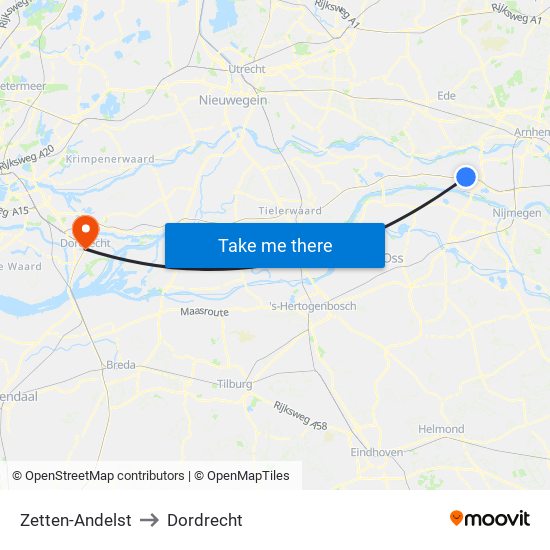 Zetten-Andelst to Dordrecht map