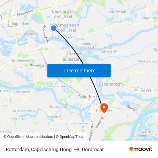 Rotterdam, Capelsebrug Hoog to Dordrecht map