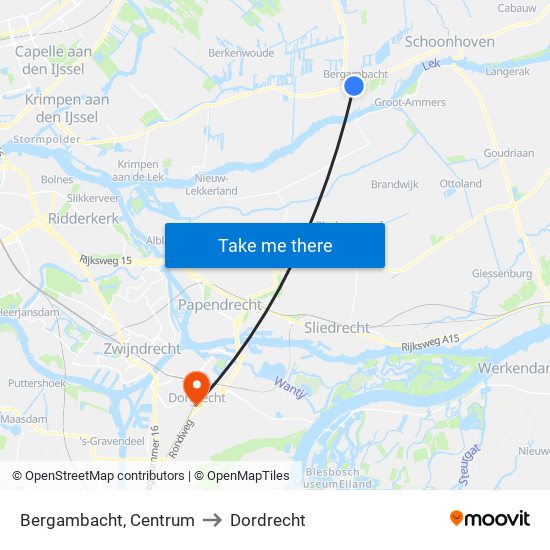 Bergambacht, Centrum to Dordrecht map