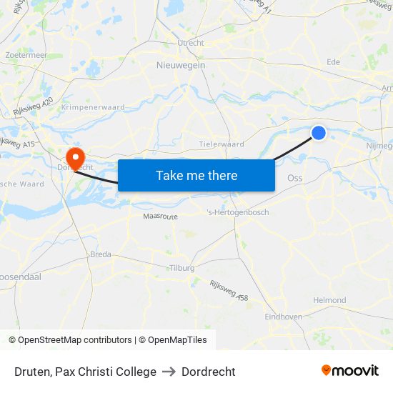 Druten, Pax Christi College to Dordrecht map