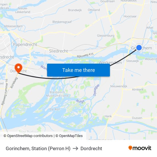 Gorinchem, Station (Perron H) to Dordrecht map