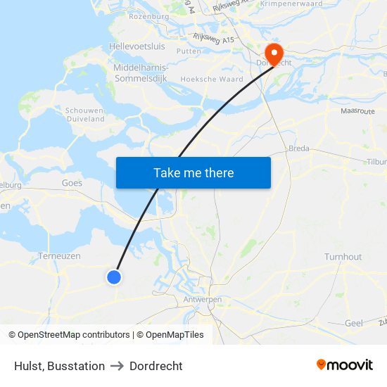 Hulst, Busstation to Dordrecht map