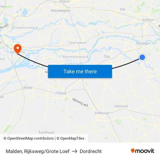 Malden, Rijksweg/Grote Loef to Dordrecht map