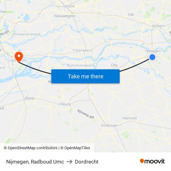 Nijmegen, Radboud Umc to Dordrecht map