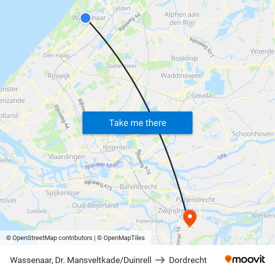 Wassenaar, Dr. Mansveltkade/Duinrell to Dordrecht map