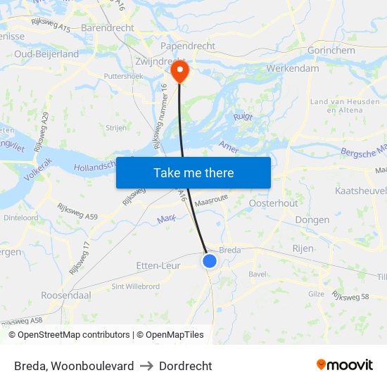 Breda, Woonboulevard to Dordrecht map