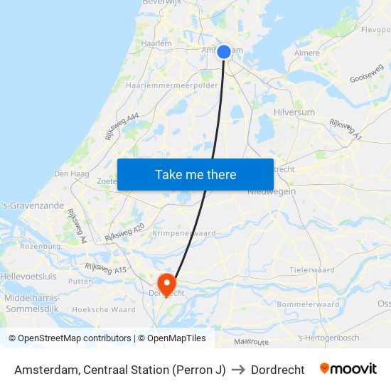 Amsterdam, Centraal Station (Perron J) to Dordrecht map