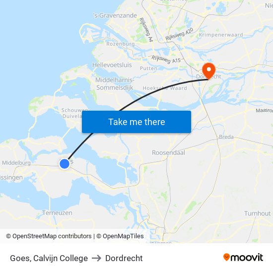 Goes, Calvijn College to Dordrecht map