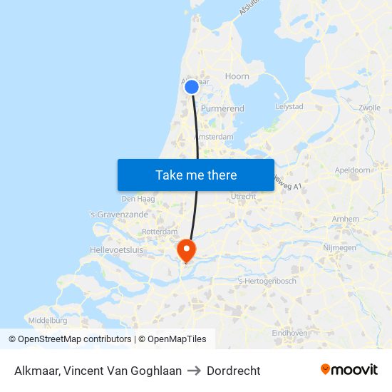 Alkmaar, Vincent Van Goghlaan to Dordrecht map