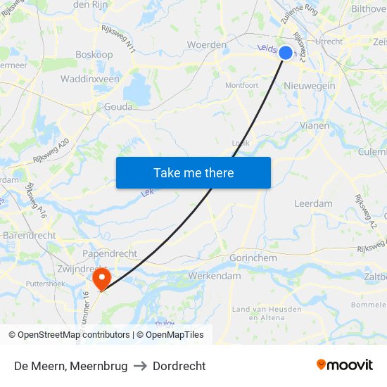 De Meern, Meernbrug to Dordrecht map