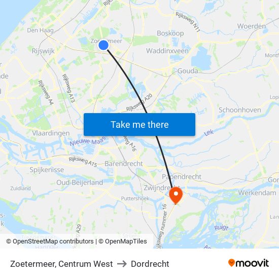 Zoetermeer, Centrum West to Dordrecht map