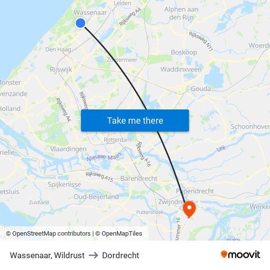 Wassenaar, Wildrust to Dordrecht map