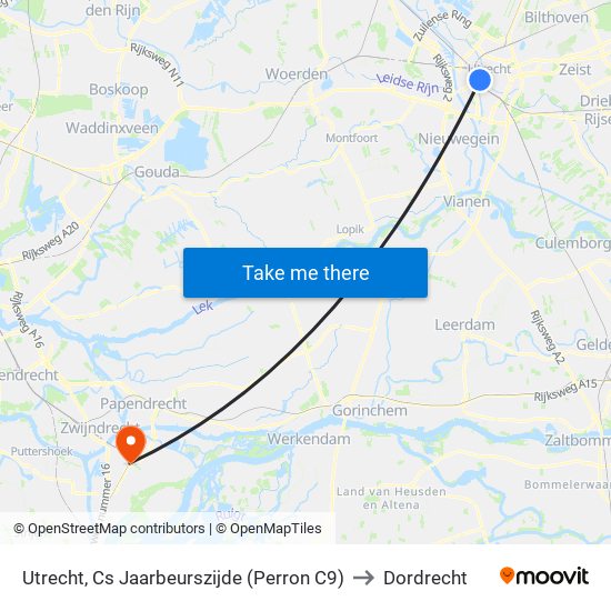 Utrecht, Cs Jaarbeurszijde (Perron C9) to Dordrecht map