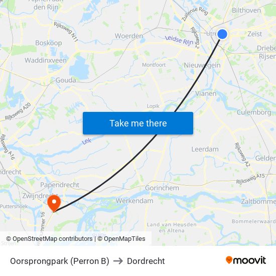 Oorsprongpark (Perron B) to Dordrecht map