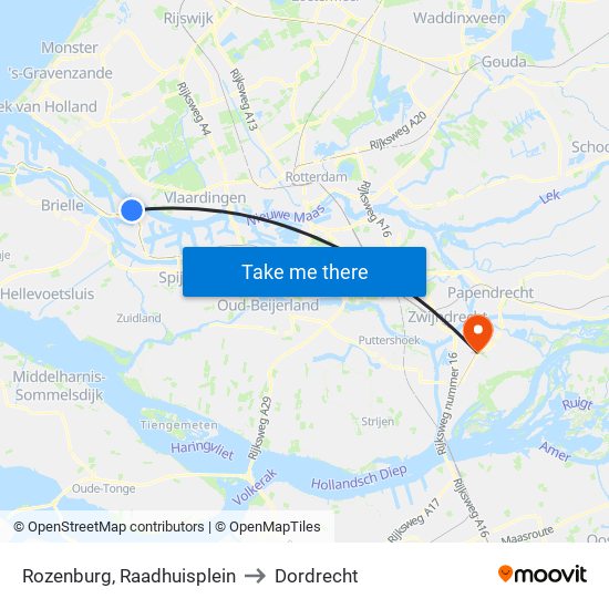 Rozenburg, Raadhuisplein to Dordrecht map