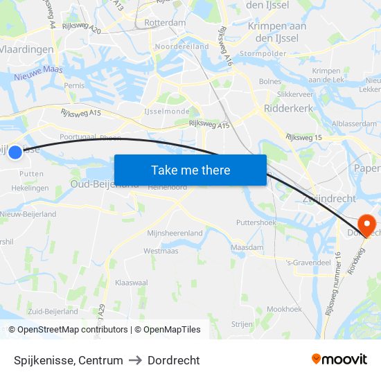 Spijkenisse, Centrum to Dordrecht map