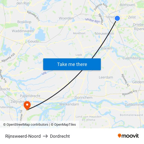 Rijnsweerd-Noord to Dordrecht map