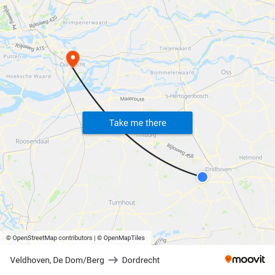 Veldhoven, De Dom/Berg to Dordrecht map