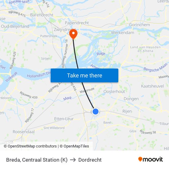 Breda, Centraal Station (K) to Dordrecht map