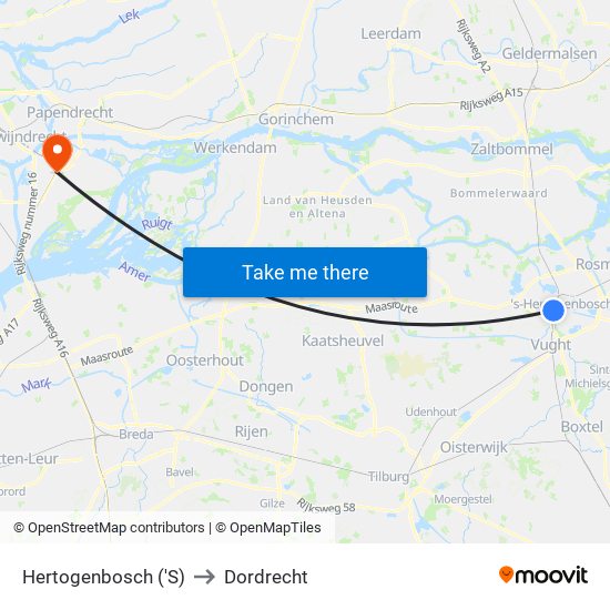 Hertogenbosch ('S) to Dordrecht map