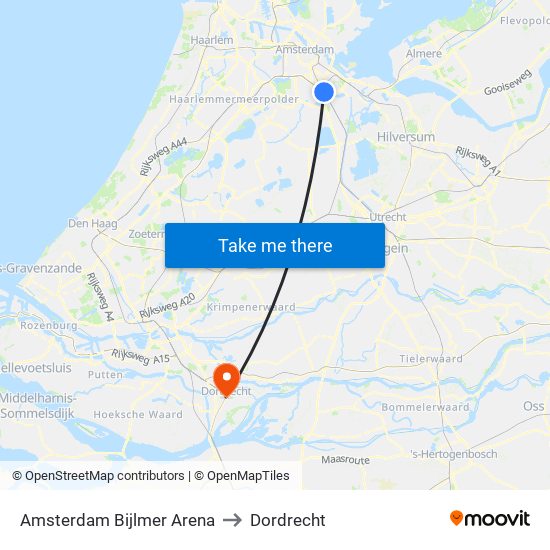 Amsterdam Bijlmer Arena to Dordrecht map