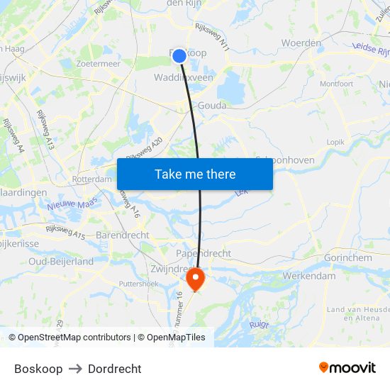 Boskoop to Dordrecht map