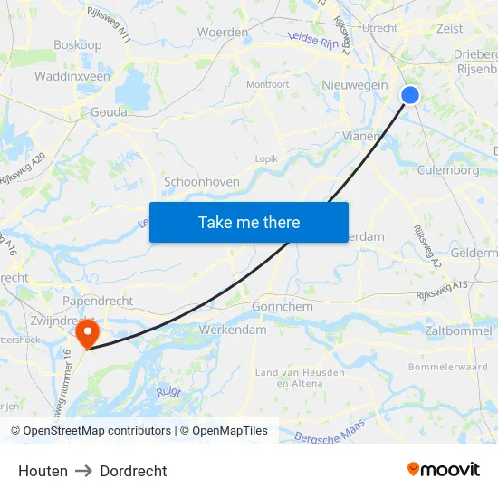 Houten to Dordrecht map