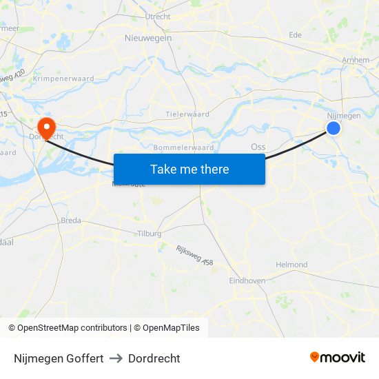 Nijmegen Goffert to Dordrecht map