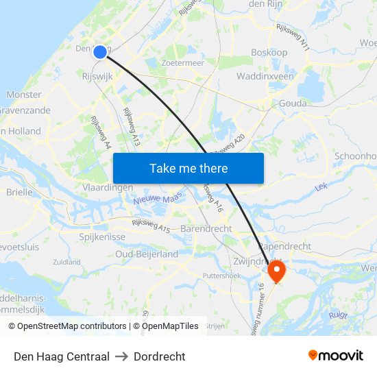 Den Haag Centraal to Dordrecht map