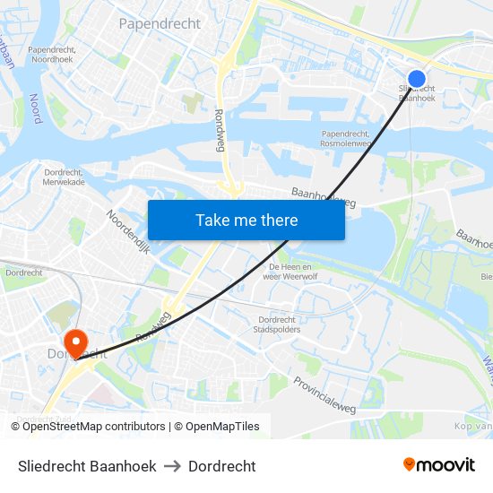 Sliedrecht Baanhoek to Dordrecht map