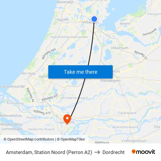 Amsterdam, Station Noord (Perron A2) to Dordrecht map