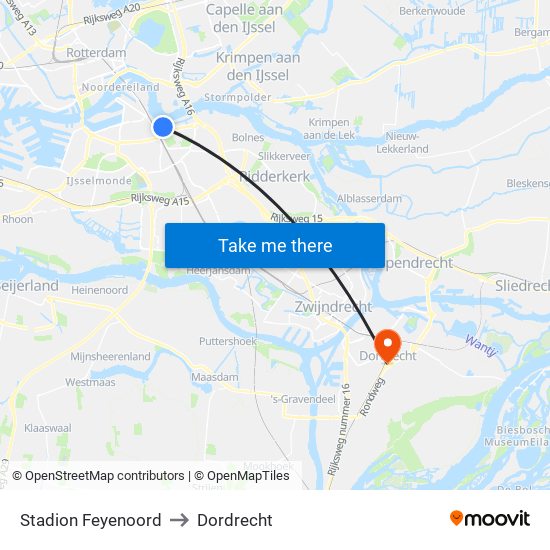 Stadion Feyenoord to Dordrecht map