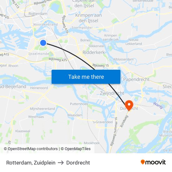 Rotterdam, Zuidplein to Dordrecht map