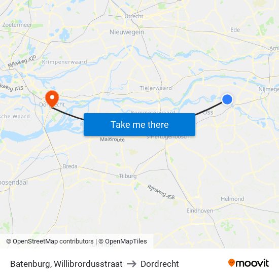 Batenburg, Willibrordusstraat to Dordrecht map