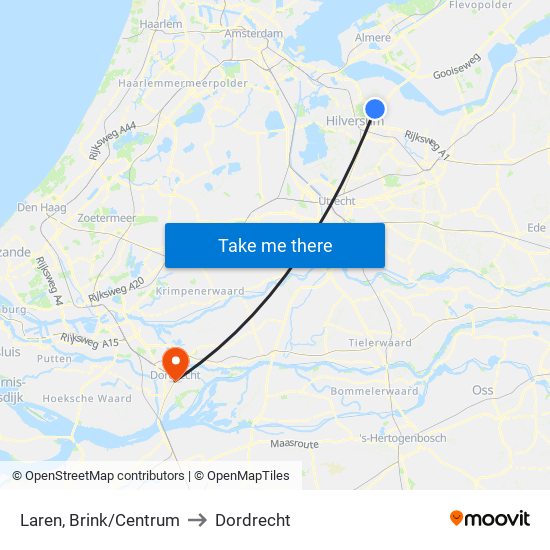 Laren, Brink/Centrum to Dordrecht map