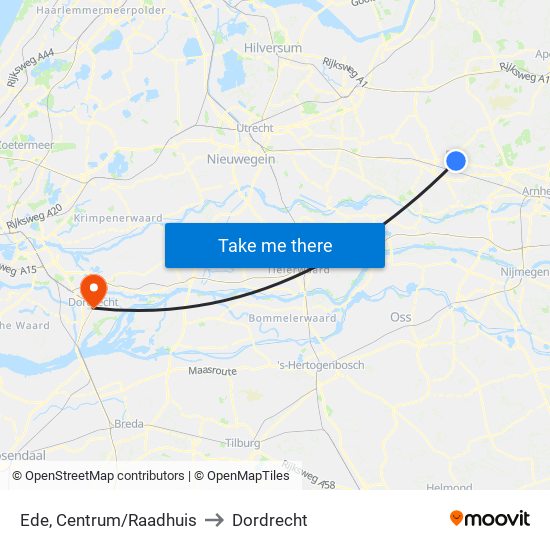 Ede, Centrum/Raadhuis to Dordrecht map