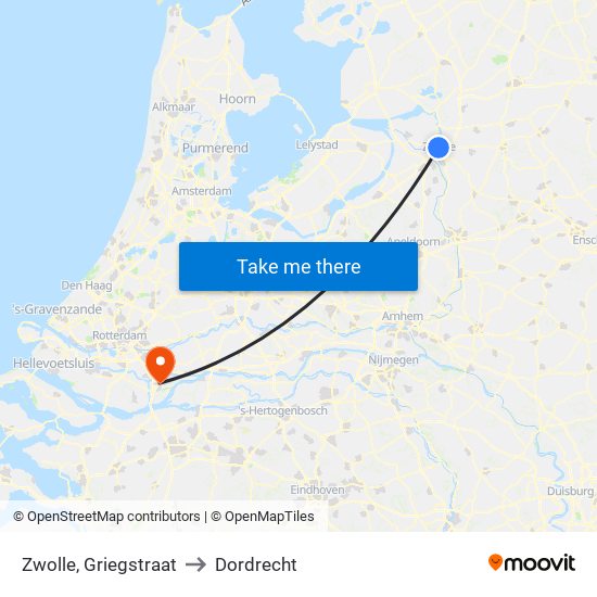 Zwolle, Griegstraat to Dordrecht map