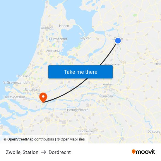 Zwolle, Station to Dordrecht map
