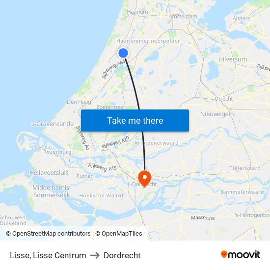 Lisse, Lisse Centrum to Dordrecht map