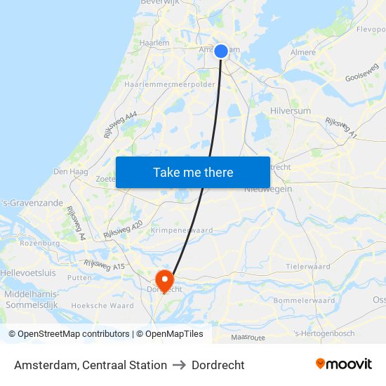 Amsterdam, Centraal Station to Dordrecht map