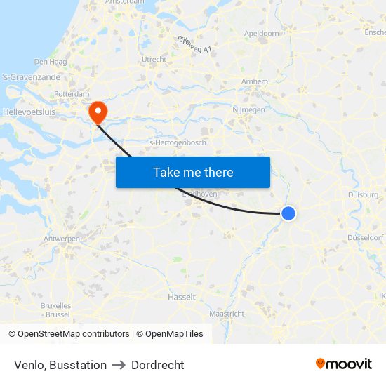 Venlo, Busstation to Dordrecht map