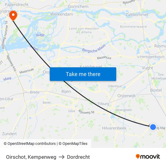 Oirschot, Kempenweg to Dordrecht map