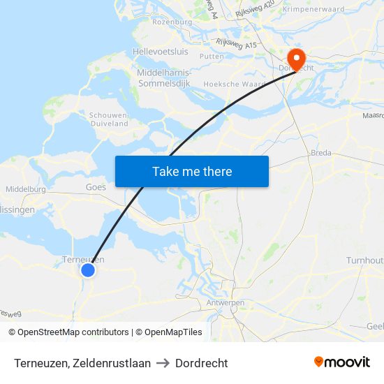 Terneuzen, Zeldenrustlaan to Dordrecht map