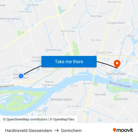 Hardinxveld Giessendam to Gorinchem map