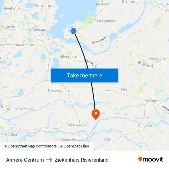 Almere Centrum to Ziekenhuis Rivierenland map