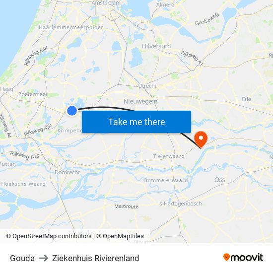 Gouda to Ziekenhuis Rivierenland map