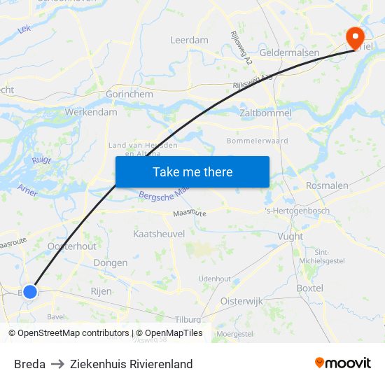 Breda to Ziekenhuis Rivierenland map